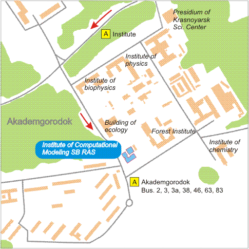 How to reach ICM SB RAS. Bus stop Akademgorodo; buses 2,3,3a,38,46,63,83